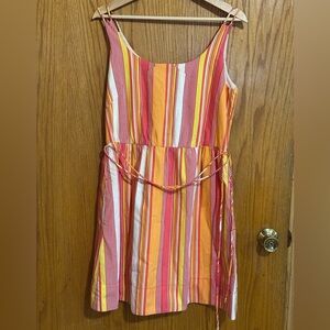 Tulle striped orange pink‎ lined sz L pockets summer bright dress